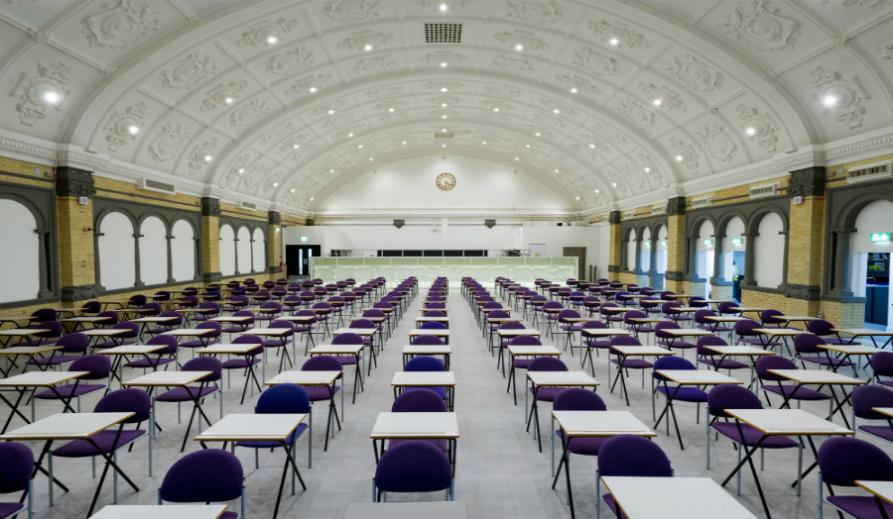 Photograph of the Great Hall in exam set up.