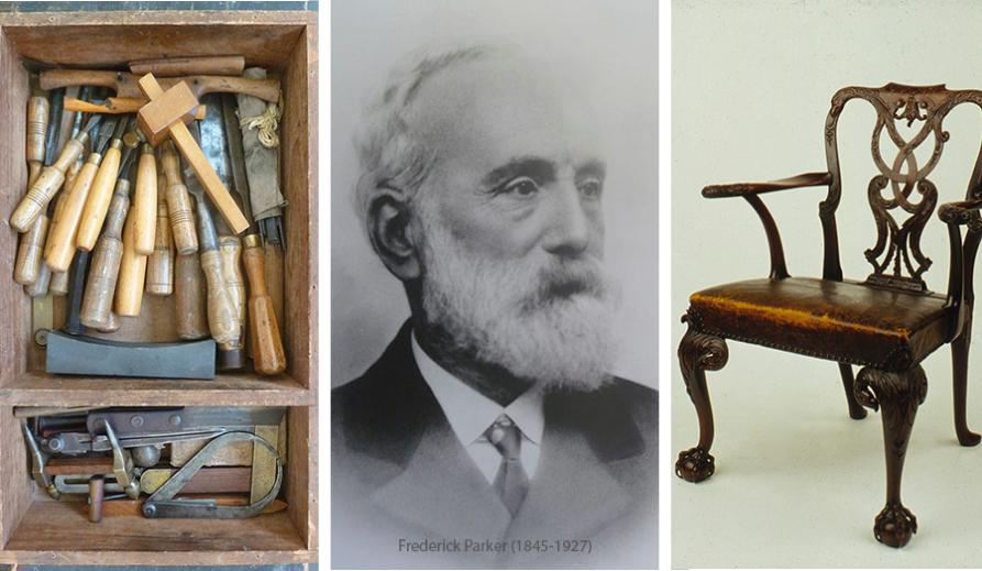 From left to right: a tool chest, a portrait of Frederick Parker and a chair from the Collection