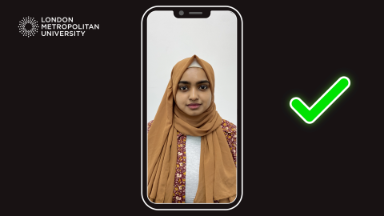 A photo of a student, on a cartoon phone wearing a hijab weith a green tick on the right
