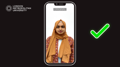 a photo of a student on a cartoon phone, displaying the word original across the top with a green tick on the right of the photo