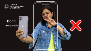 a picture of a student taking a selfie, holding thier phone infeont of them and their fingrers are in the piece sign. There is a cartoon phone over the top and a red X on the right of the screen.