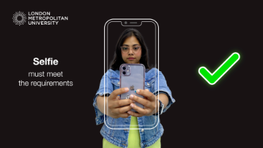 A photo of a student holding a phone in front of them with an ouline of a cartoon phone pver them, with a green tick on the right.