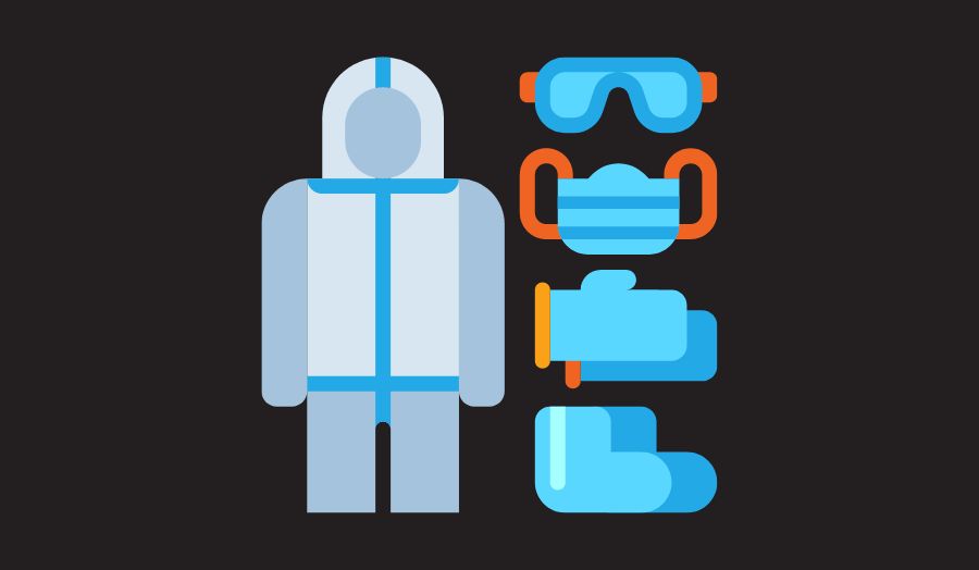 Person in PPE with images to the side of protective eyewear, mask, gloves, boots