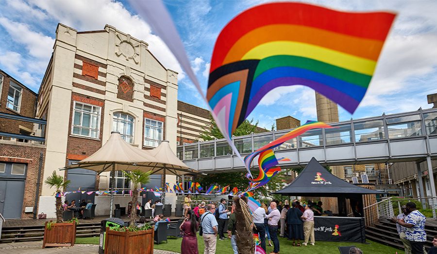 Outer courtyard at Holloway with Pride bunting