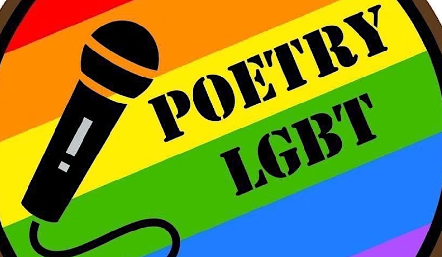 The words 'Poetry LGBT' next to a microphone graphic on a rainbow background