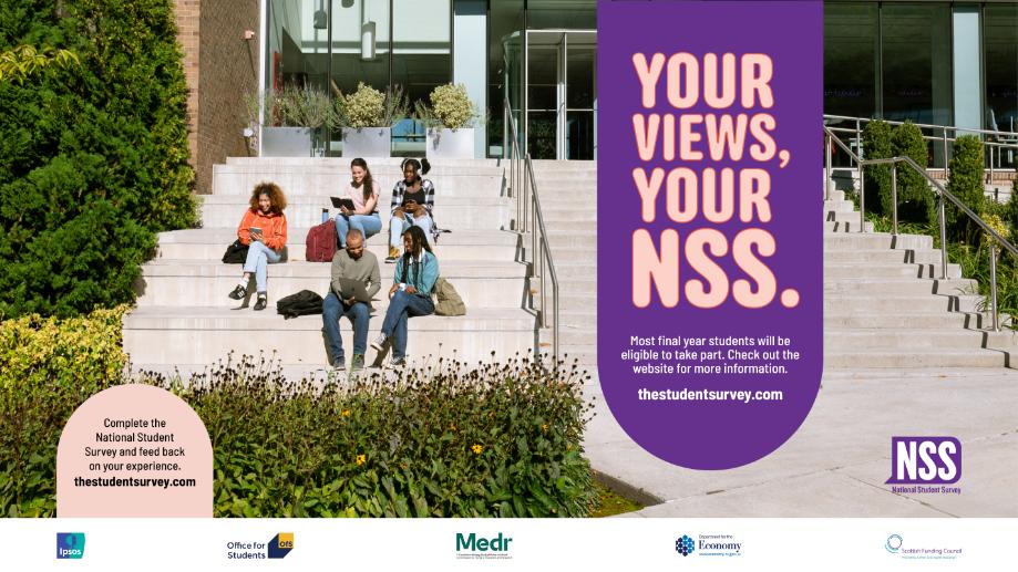 The letters NSS in white on a purple background and National Student Survey written beneath