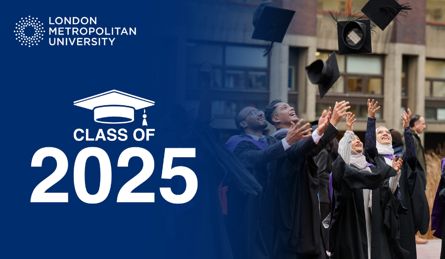 London Metropolitan University Class of 2025 graduates celebrating and tossing caps