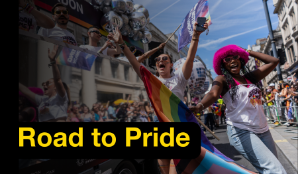Image of people celebrating at Pride in London with the words 'Road to Pride' 