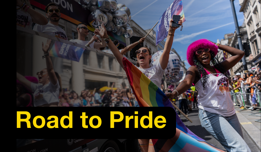 Image of people celebrating at Pride in London with the words 'Road to Pride' 