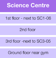 Science Centre = 1st floor - next to SC1-06, 2nd floor, 3rd floor -next to SC3-05, Ground floor near gym