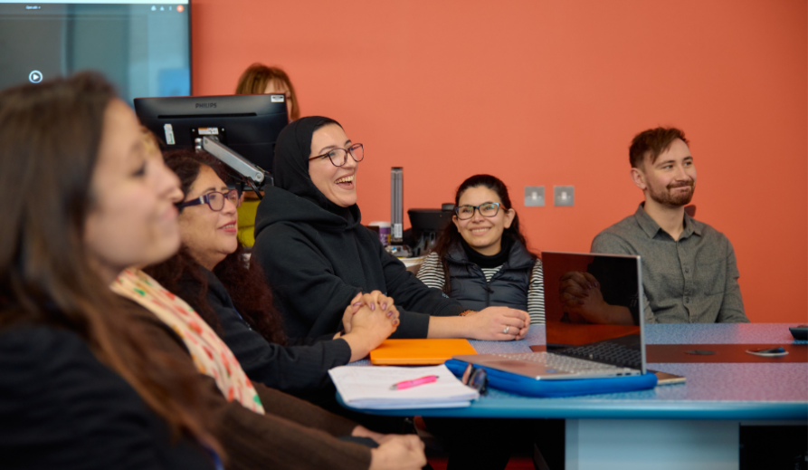 Students talking at the table