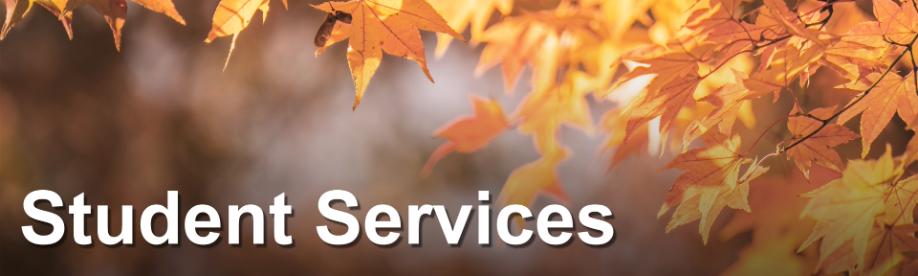 Brown autumn leafs on a tree. On the image are the words Student Services. Brown autumn leafs on a tree. On the image are the words Student Services.