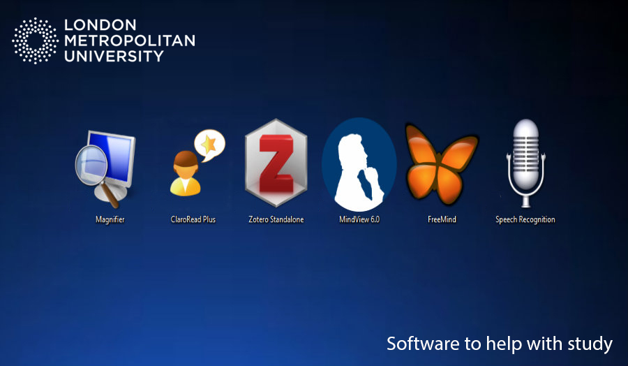 Image showing the London Met logo, five software logos, and text software to help with study 