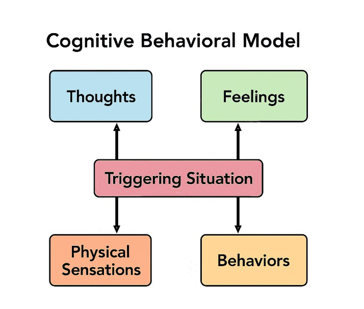 The image describes the cycle of of how we interpret and react to situations. The images starts with the words 'Triggering Situation, which lead in order to 'Thoughts, Physical Sensations, Behaviours, and Feelings'.	