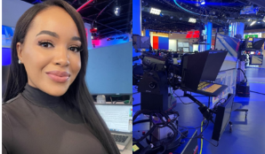 London Met student profile photo alongside Sky News studio panoramic view